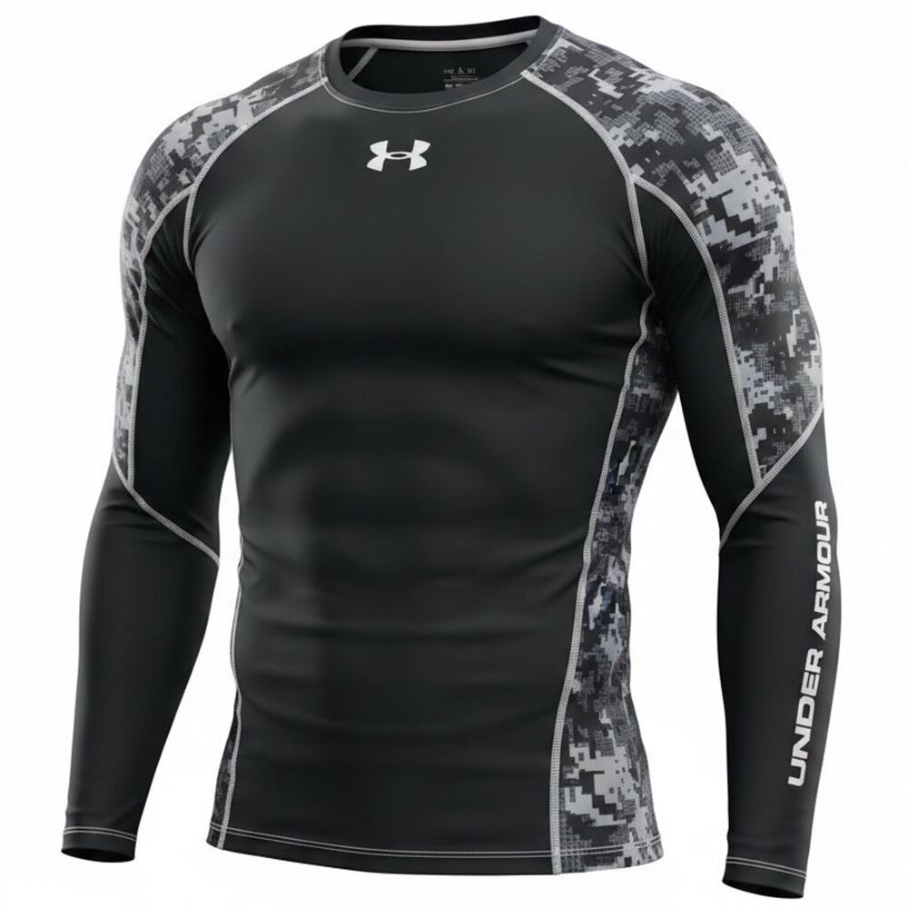Under Armour Black Camo HeatGear Men’s Fitted Athletic Shirt LS Crew Stretch 2XL